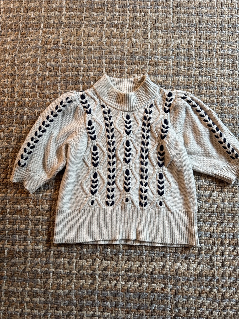 Rails Beige Knit Mock Neck Sweater with Navy Eyelet Detail